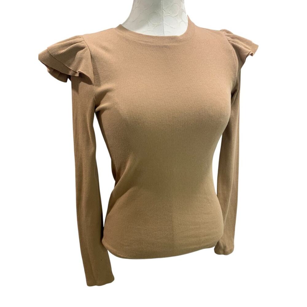 Size XS Gap Womens Brown Rib Knit Ruffle Shoulder Shirt
